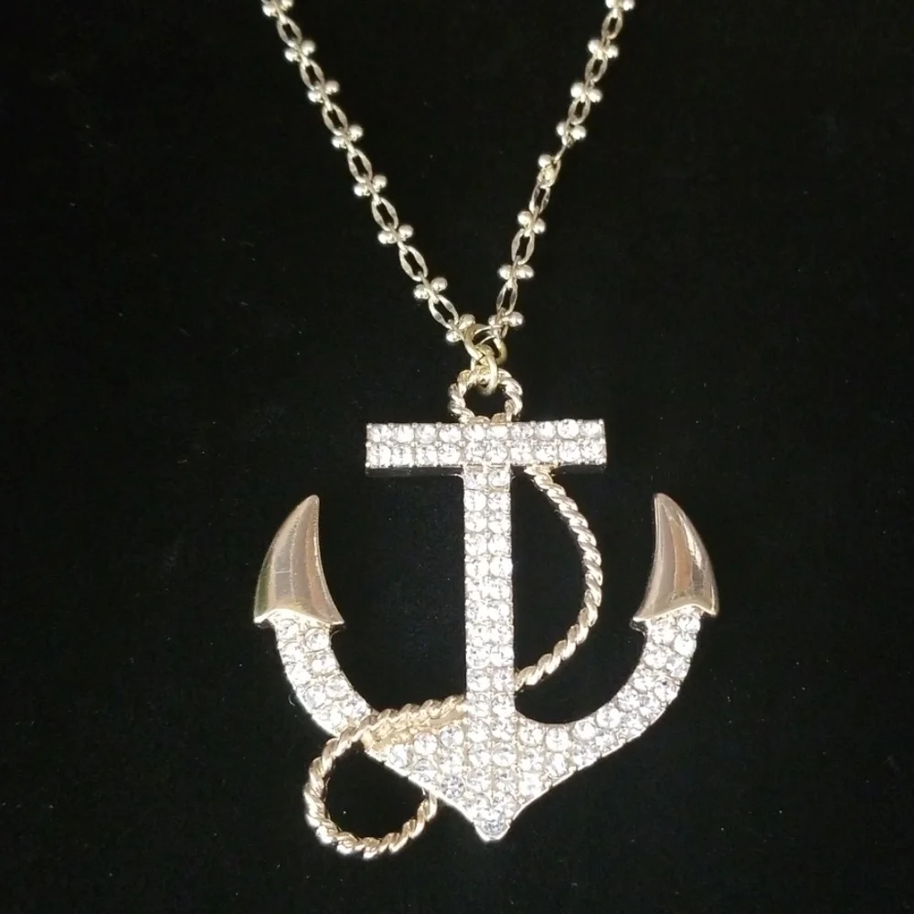 NWT Hand Crafted Rhinestone Anchor Pendant Goldtone Finish Necklace - Picture 4 of 12